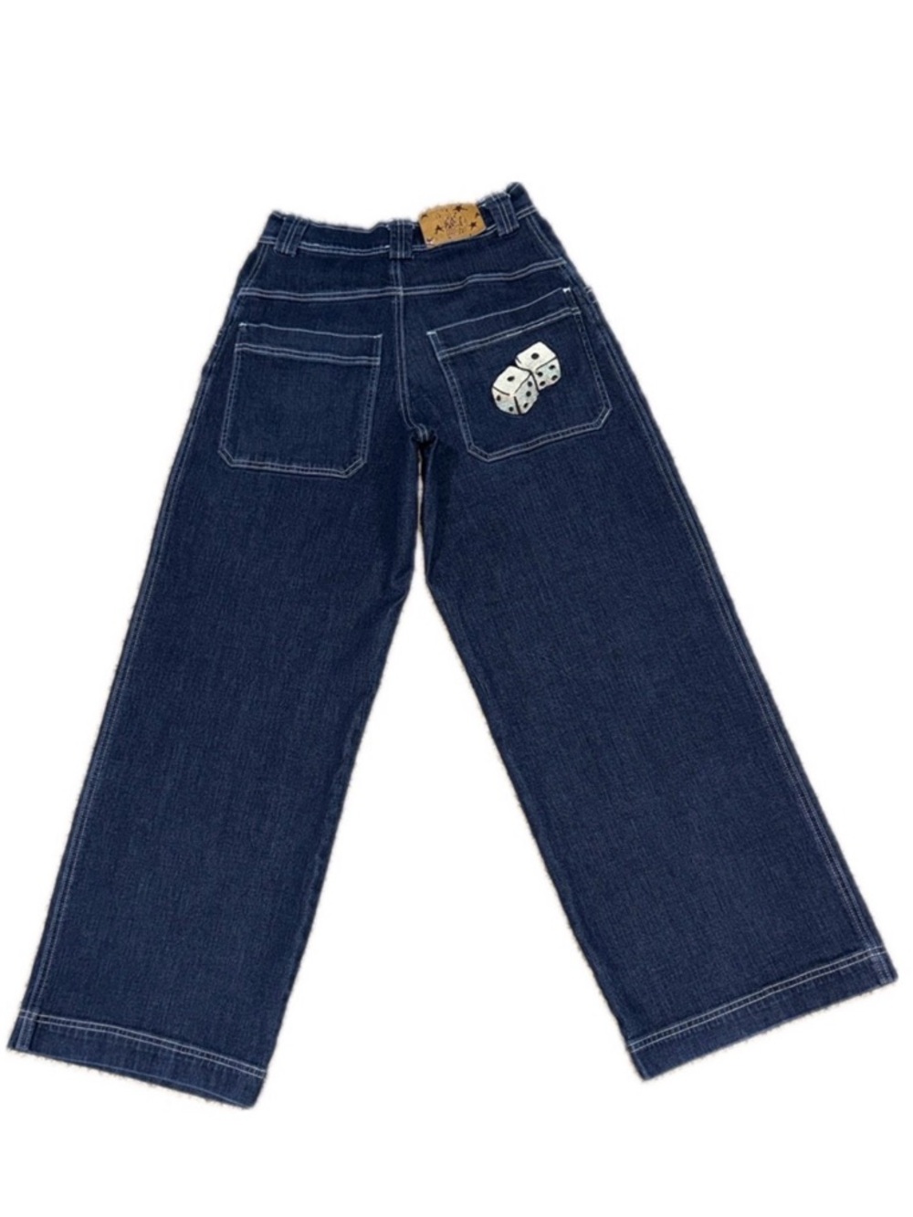 👖🎲 PSYCO Women’s Wide Leg Jeans | Dice Pocket Graphic Y2K Denim | Sz XS (28” W)
